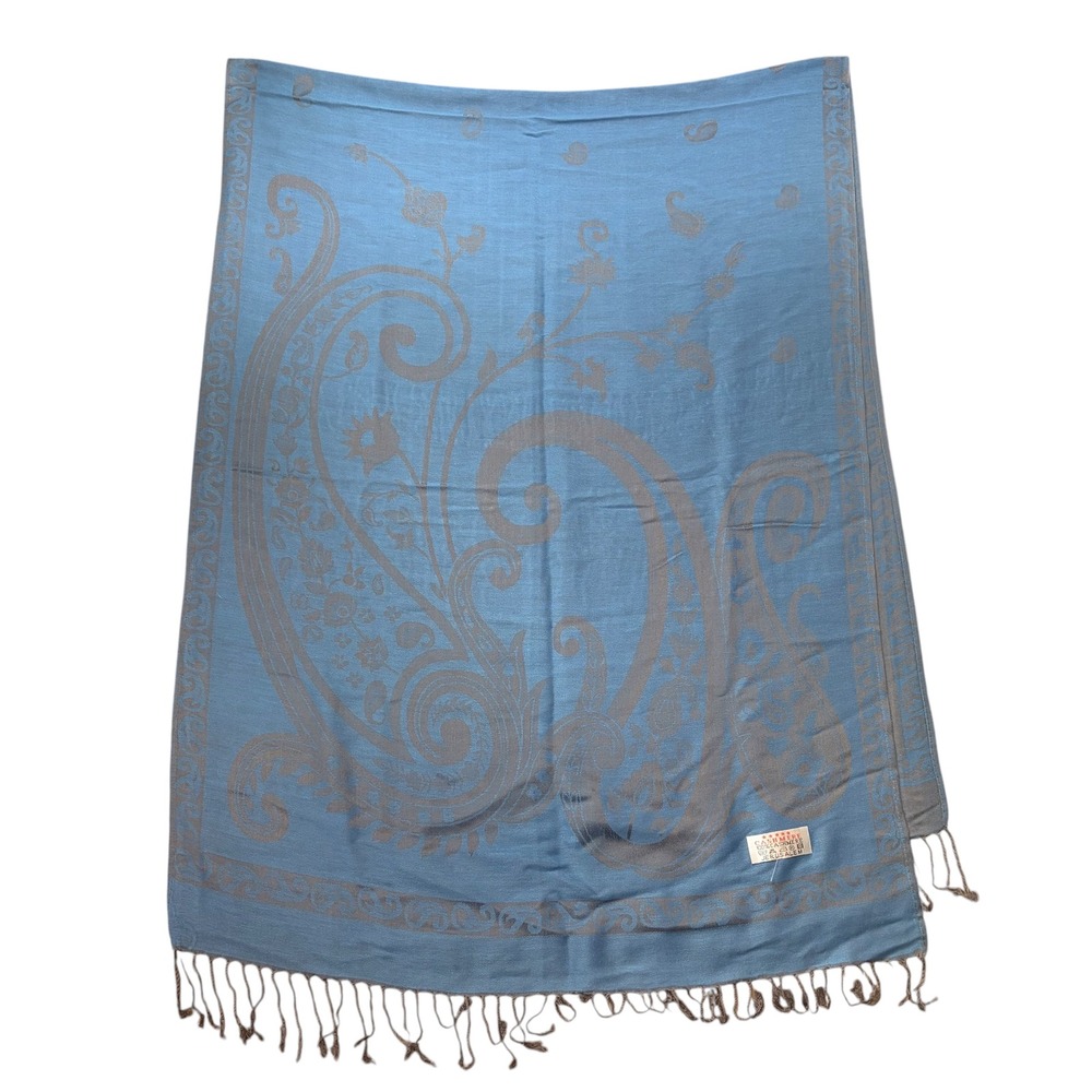 100% Cashmere Scarf Shawl Wrap Paisley Blue Made In Jerusalem 27" x 70"